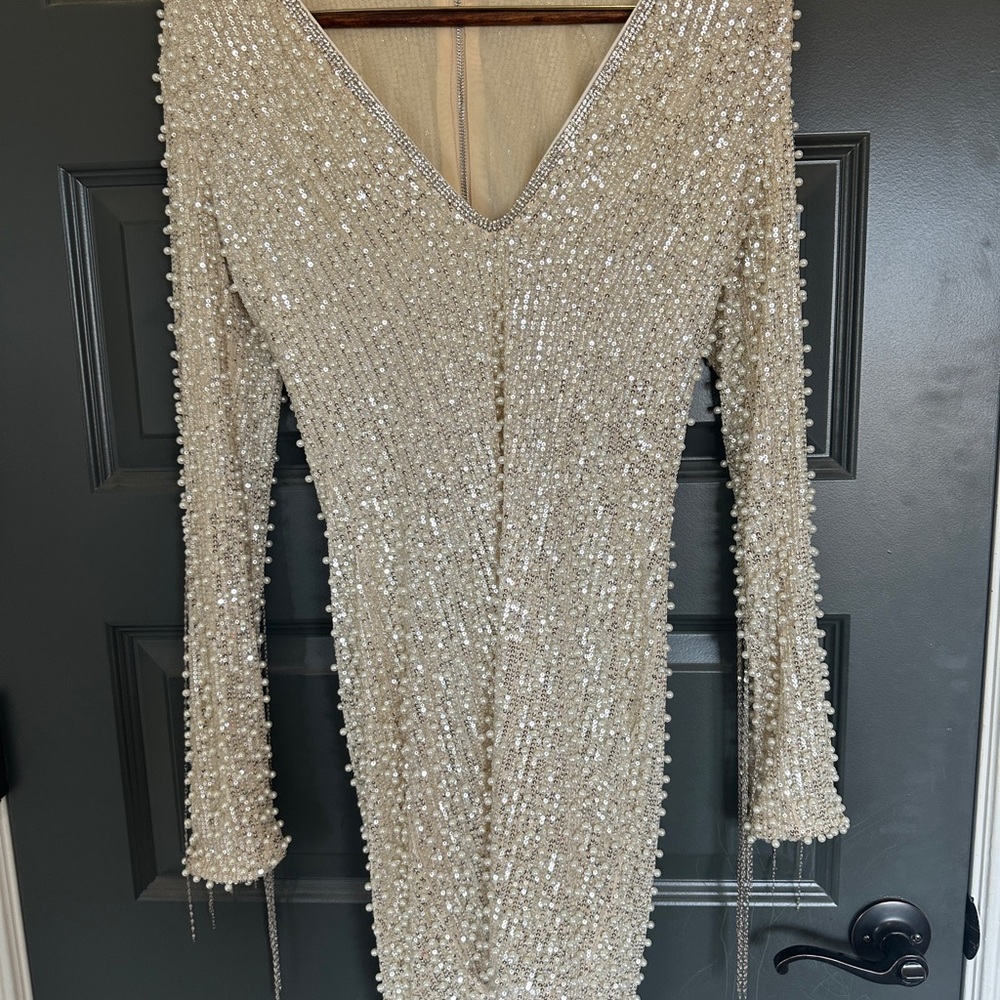 Fashion nova pearl, sequence and diamond cream dress